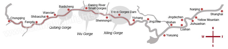 Yangtze Kreuztfahrt Route