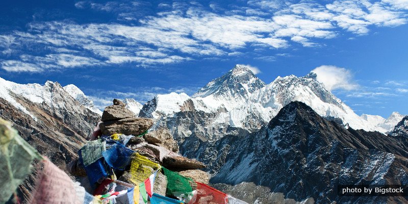 View Of Everest From Gokyo Ri With Prayer Flags -